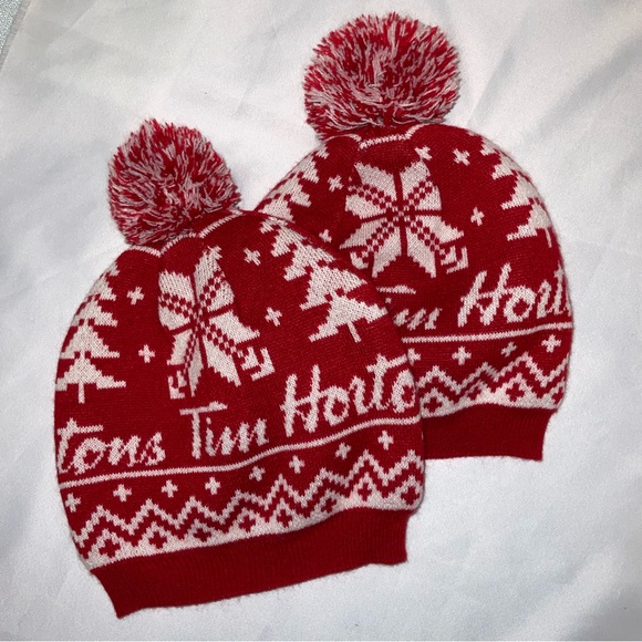 Tim Hortons Cap Kids Size Hat Sherpa Lined Red & White Knit Winter Toque Pompom - Picture 13 of 13